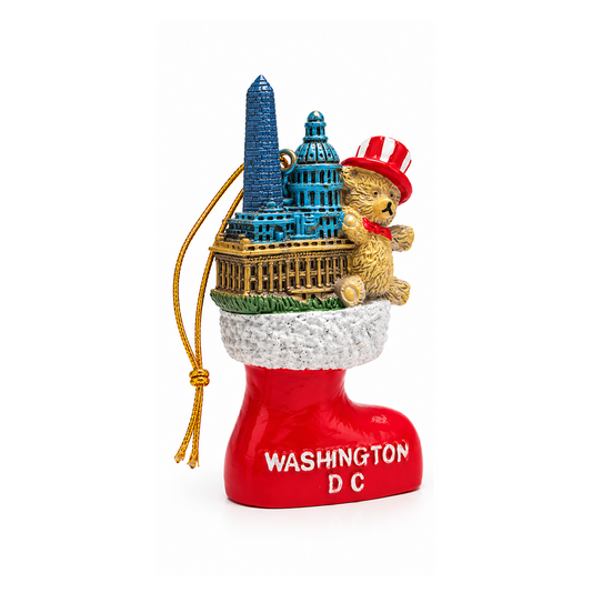 Red ceramic stocking ornament with teddy bear, blue Capitol, and hanging tassel cord