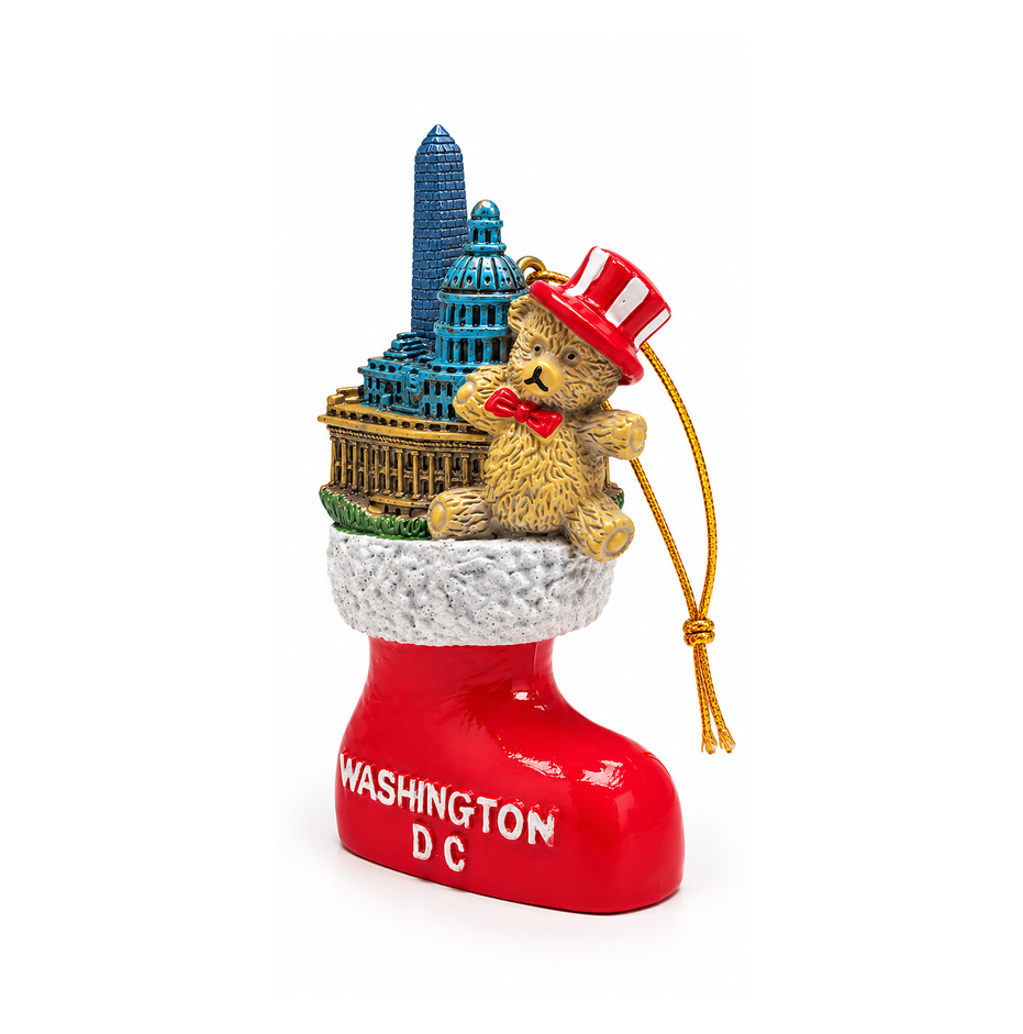 Red ceramic stocking ornament with teddy bear, blue Capitol, and WASHINGTON DC text