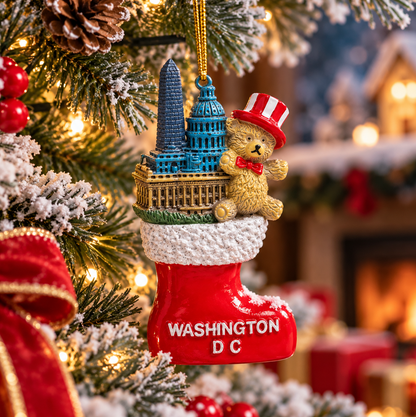 Washington DC ceramic stocking ornament with teddy bear and Capitol building detail