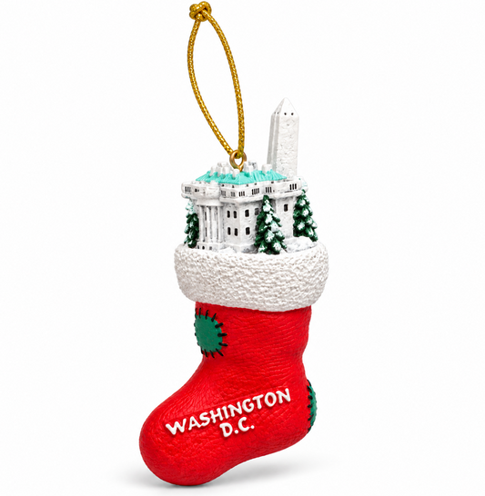 Ceramic Washington D.C. stocking ornament with red boot, tree top and gold loop