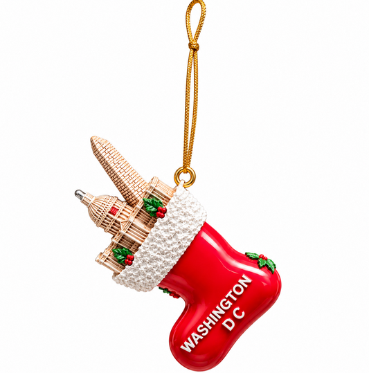 Hanging red ceramic stocking ornament with white cuff and 'WASHINGTON DC' lettering