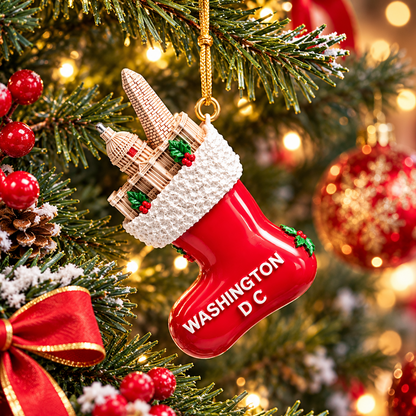 Red ceramic Christmas stocking ornament with white cuff and 'WASHINGTON DC' text