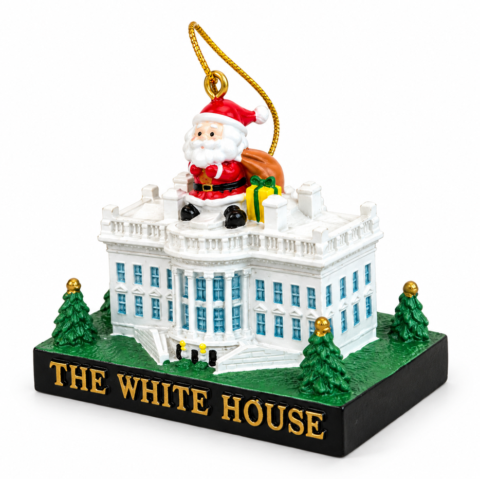 Ceramic house Christmas ornament with rooftop Santa, gift boxes, and gold hanging loop