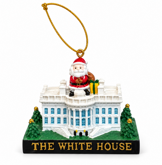 Ceramic house Christmas ornament with rooftop Santa figurine and gold hanging loop