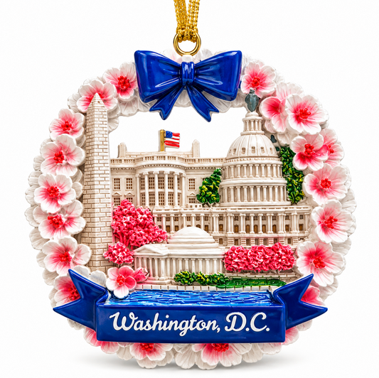 Ceramic Washington, D.C. ornament close-up with blue bow and pink cherry blossom wreath