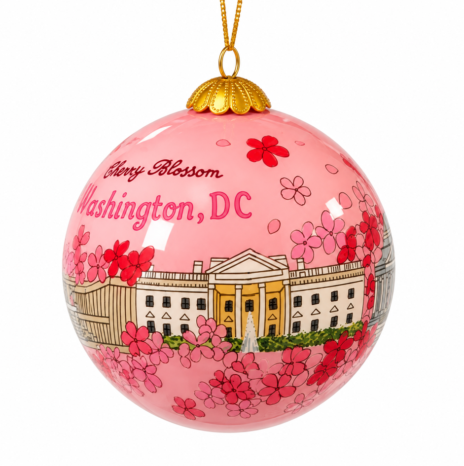 Pink glass panorama Christmas ornament with Washington, DC building illustration and blossoms
