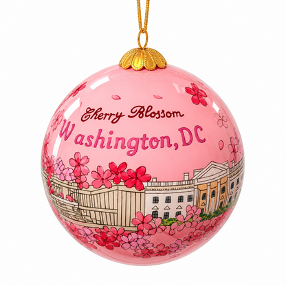Pink glass panorama Christmas ornament with cherry blossom text and Washington, DC print