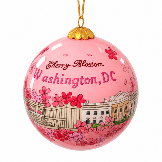 Pink glass panorama Christmas ornament with cherry blossom text and Washington, DC print