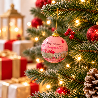 Pink glass panorama Christmas ornament with cherry blossoms and gold hanging loop
