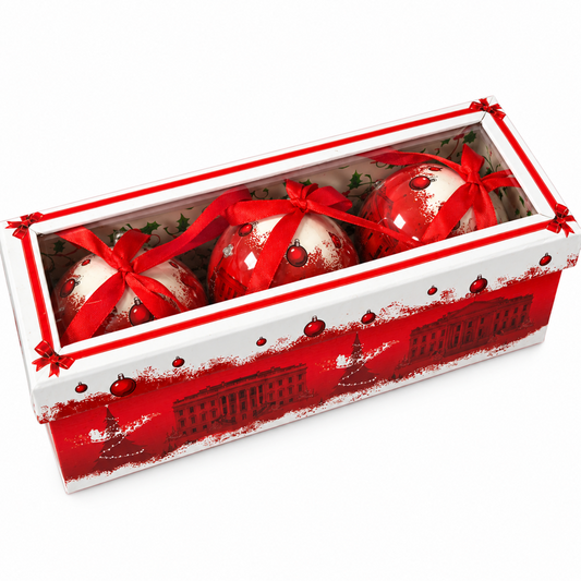Set of 3 red Christmas ball ornaments with ribbon bows in a gift box