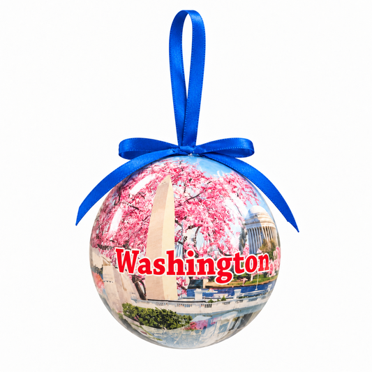 Round glass ornament with Washington skyline print and blue hanging ribbon