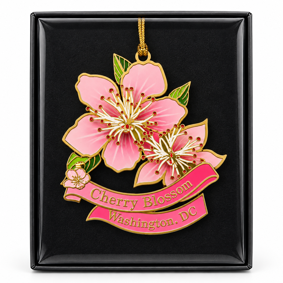 Pink cherry blossom metal Christmas ornament with green leaves and 'Cherry Blossom Washington, DC'