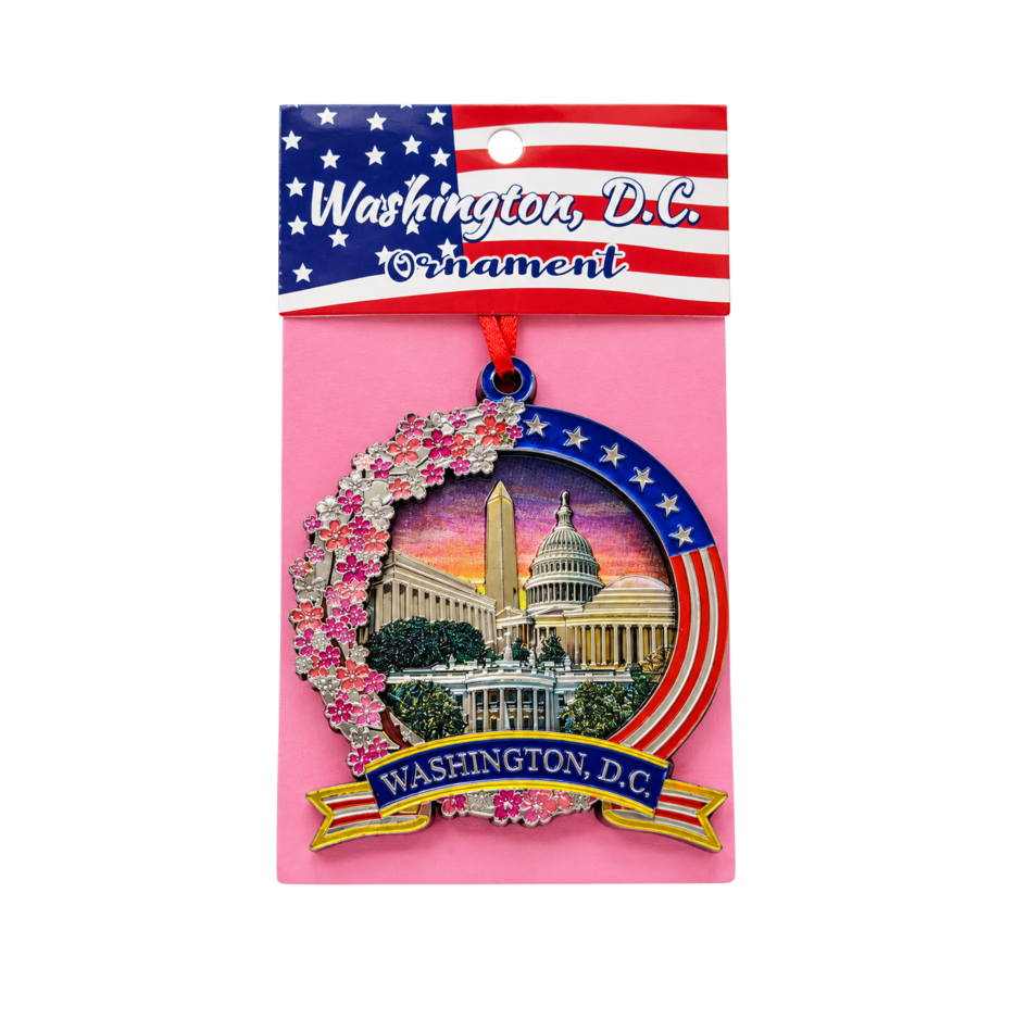 Round wood Washington D.C. ornament with cherry blossom wreath and Capitol view