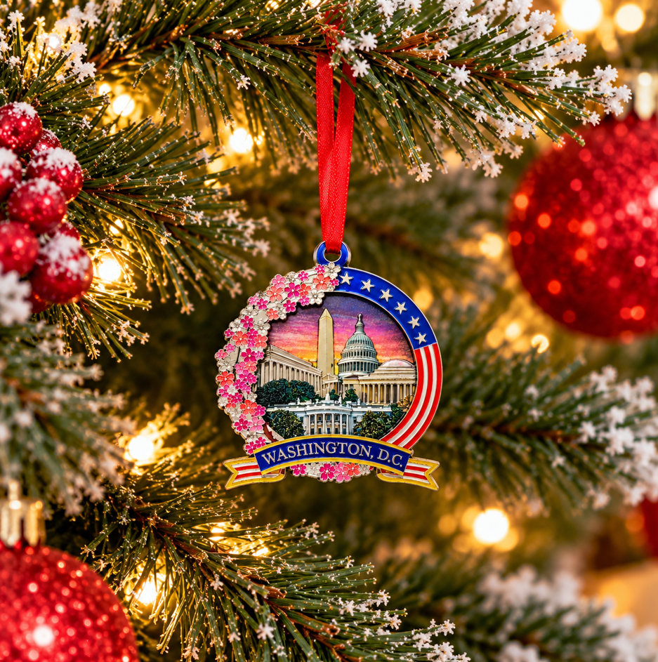 Round wood Christmas ornament with cherry blossom border and Capitol dome scene