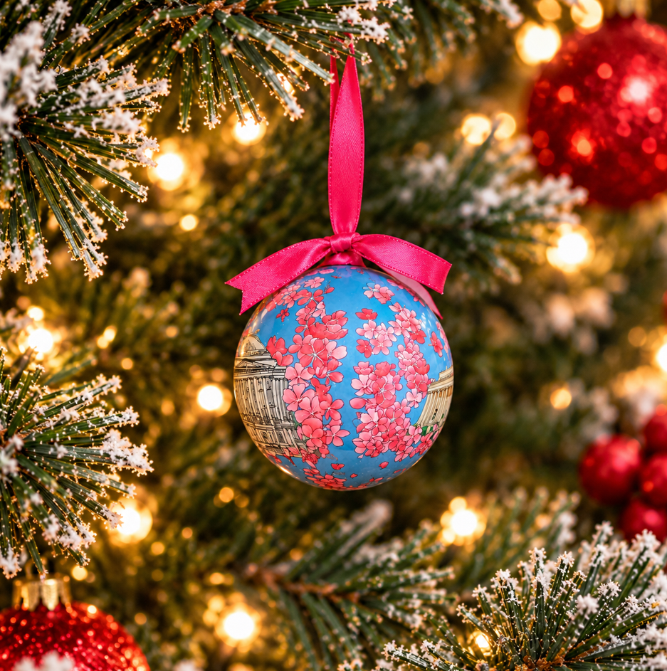 Blue cherry blossom ball Christmas ornament with pink bow, hanging ornament