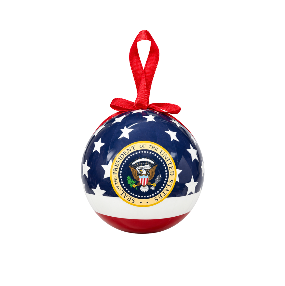 Patriotic ball Christmas ornament with red hanging ribbon and blue star flag design