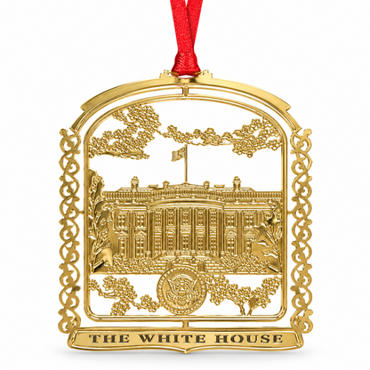 Gold-tone ornate Christmas ornament with The White House text and building emblem