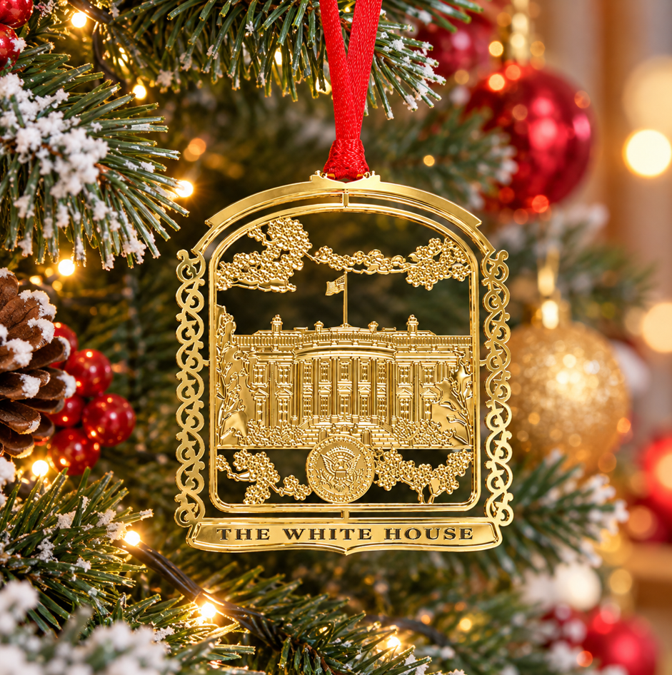 Hanging gold-tone ornate Christmas ornament with red ribbon and The White House text