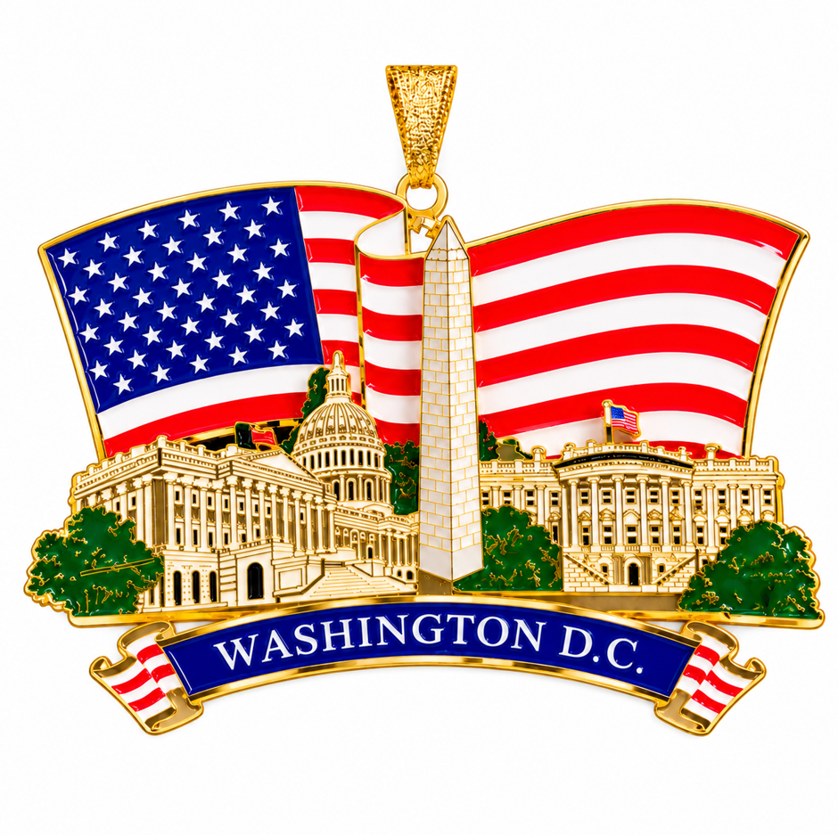 Hanging 3D metal Christmas ornament with American flag, Capitol buildings, and Washington D.C. text