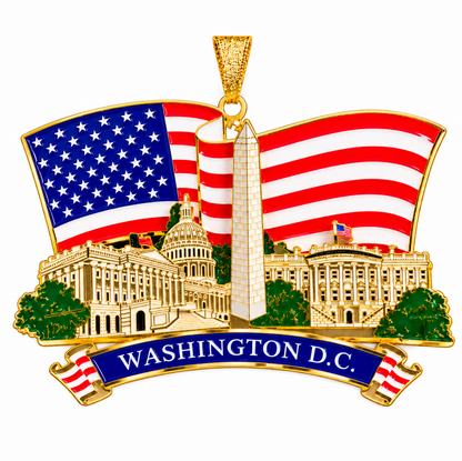 Hanging 3D metal Christmas ornament with American flag, Capitol buildings, and Washington D.C. text