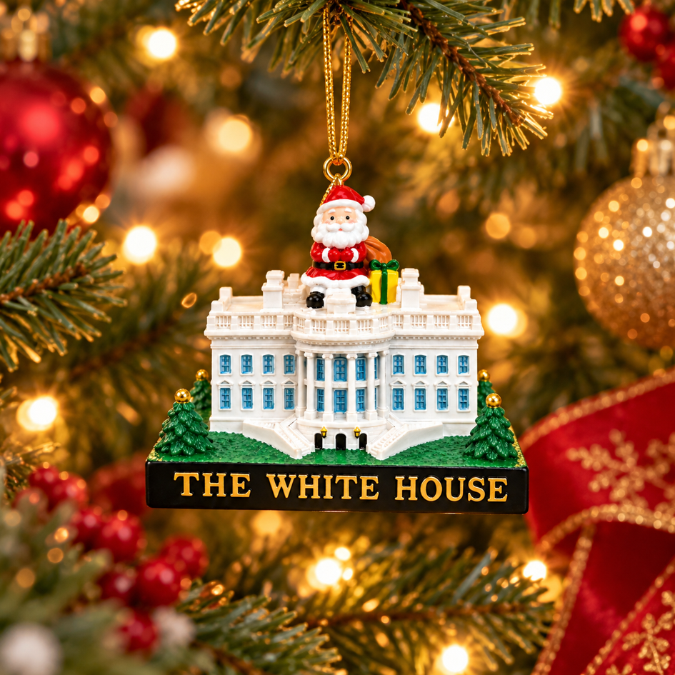Ceramic house Christmas ornament with rooftop Santa and gold "THE WHITE HOUSE" base