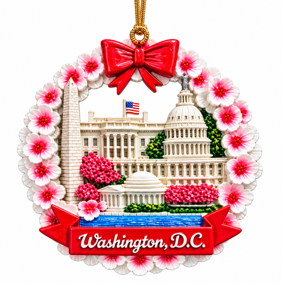 Ceramic Washington, D.C. ornament with red bow and pink flower wreath, hanging