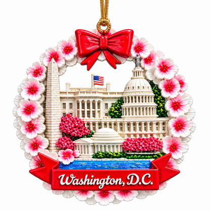 Ceramic Washington, D.C. ornament with red bow and pink flower wreath, hanging