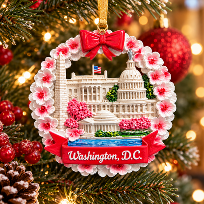 Ceramic Washington, D.C. ornament close-up with red bow and pink cherry blossom wreath