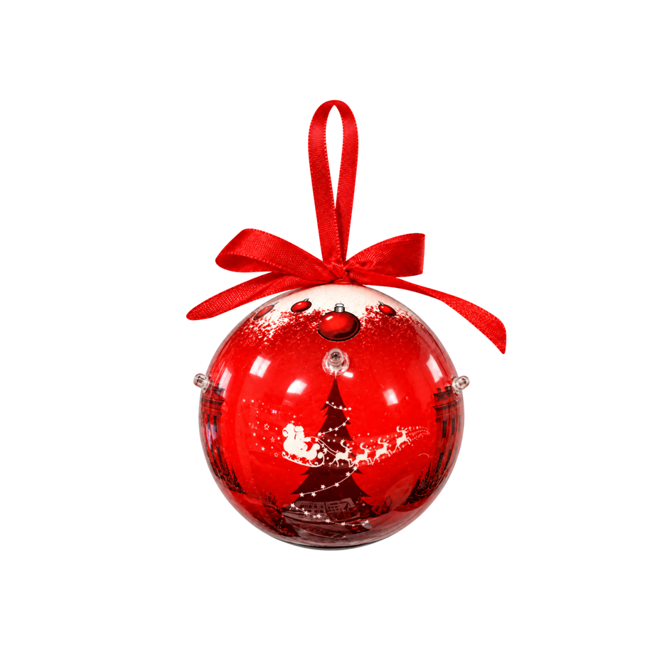 Red ball ornament with ribbon bow and holiday scene graphic