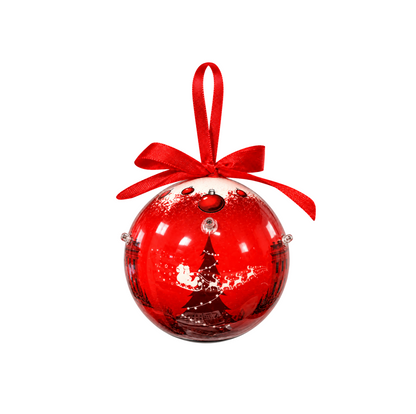 Red ball ornament with ribbon bow and holiday scene graphic