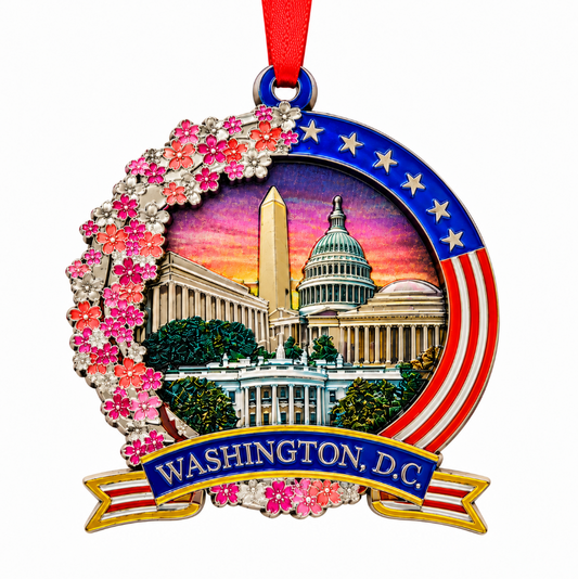 Round wood ornament with cherry blossoms, U.S. Capitol, and star-spangled ring