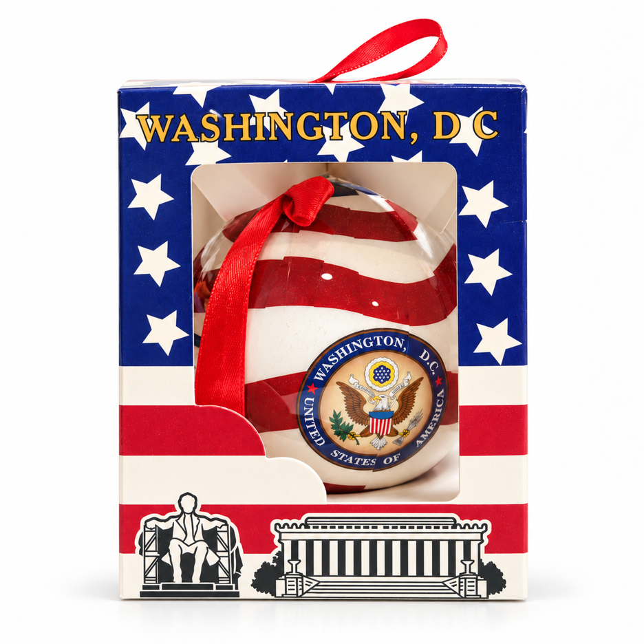 Patriotic ball ornament gift box with red ribbon and Washington, DC seal window