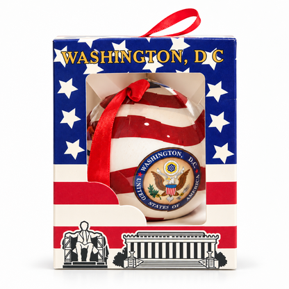 Patriotic ball ornament gift box with red ribbon and Washington, DC seal window