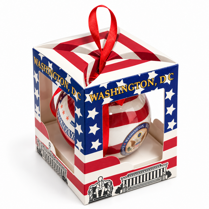 Patriotic ball ornament gift box with red bow and ribbon, Washington, DC graphic