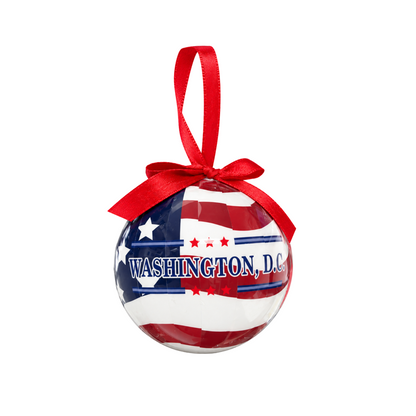 Patriotic ball ornament with red bow, blue stars and red-white stripes