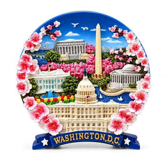 4-inch ceramic Washington, DC cherry blossom panorama plate with floral wreath
