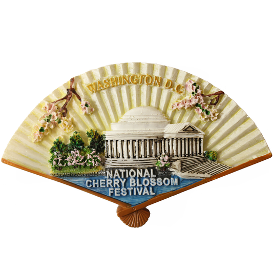 Ceramic Magnet Jefferson Memorial & Cherry Blossom Fan Shape, 3.5"X2.125"