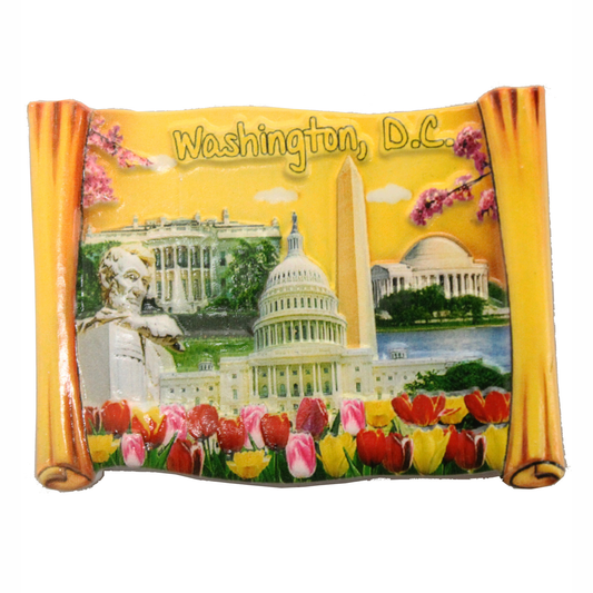 Ceramic Magnet DC Monuments and Flowers on Yellow Scroll, 3.25"X2.5"