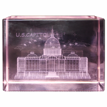 Load image into Gallery viewer, US Capitol &amp; Stars Rectangle Crystal Paperweight, Clear, Pink, Blue 2.375" X 3.125" X 1.5"