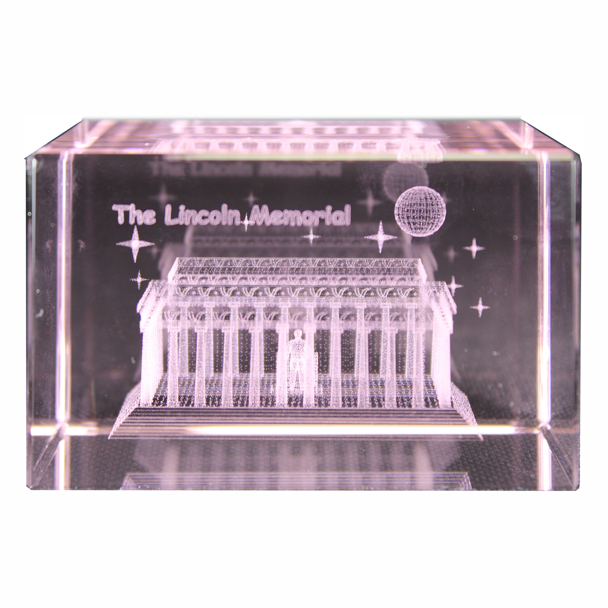 Pink-tinted crystal cube paperweight with Lincoln Memorial engraving and dome graphic
